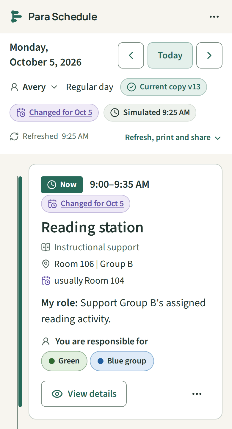Today for Monday, October 5, 2026, marked Changed for Oct 5. Now, 9:00 to 9:35 AM: Reading station in Room 106 with Group B, usually Room 104, marked Changed for Oct 5.