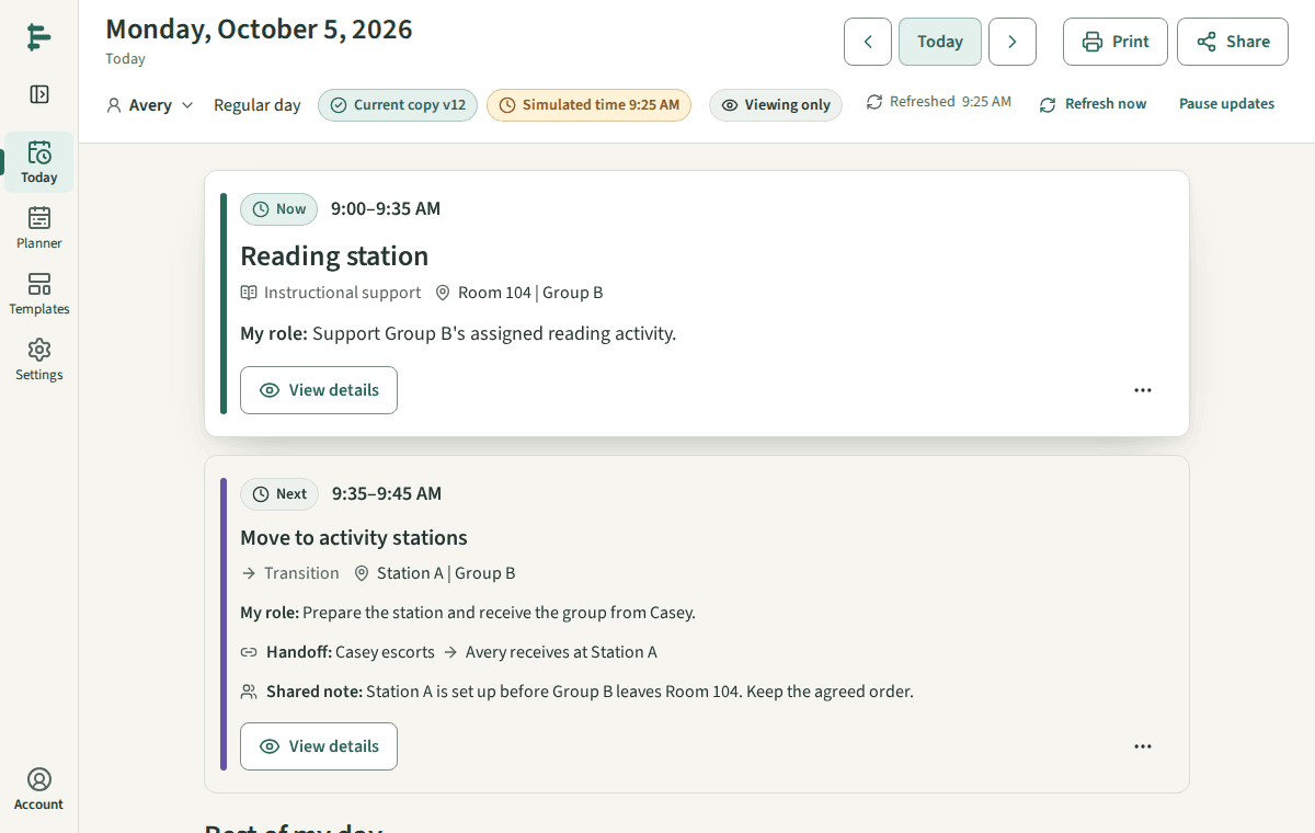 Today for Monday, October 5, showing Current copy v12 and Refreshed status.