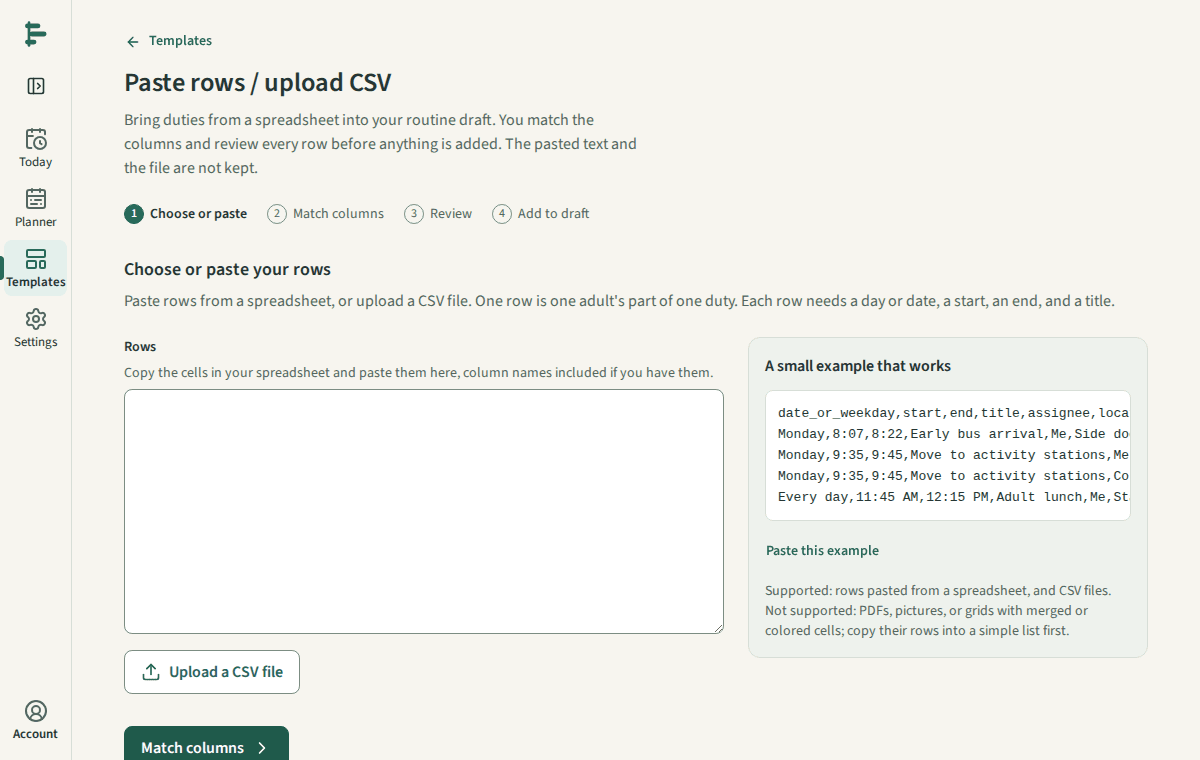 The row import screen at its first step, Choose or paste, with a box for pasted rows, a file upload, and a small example.