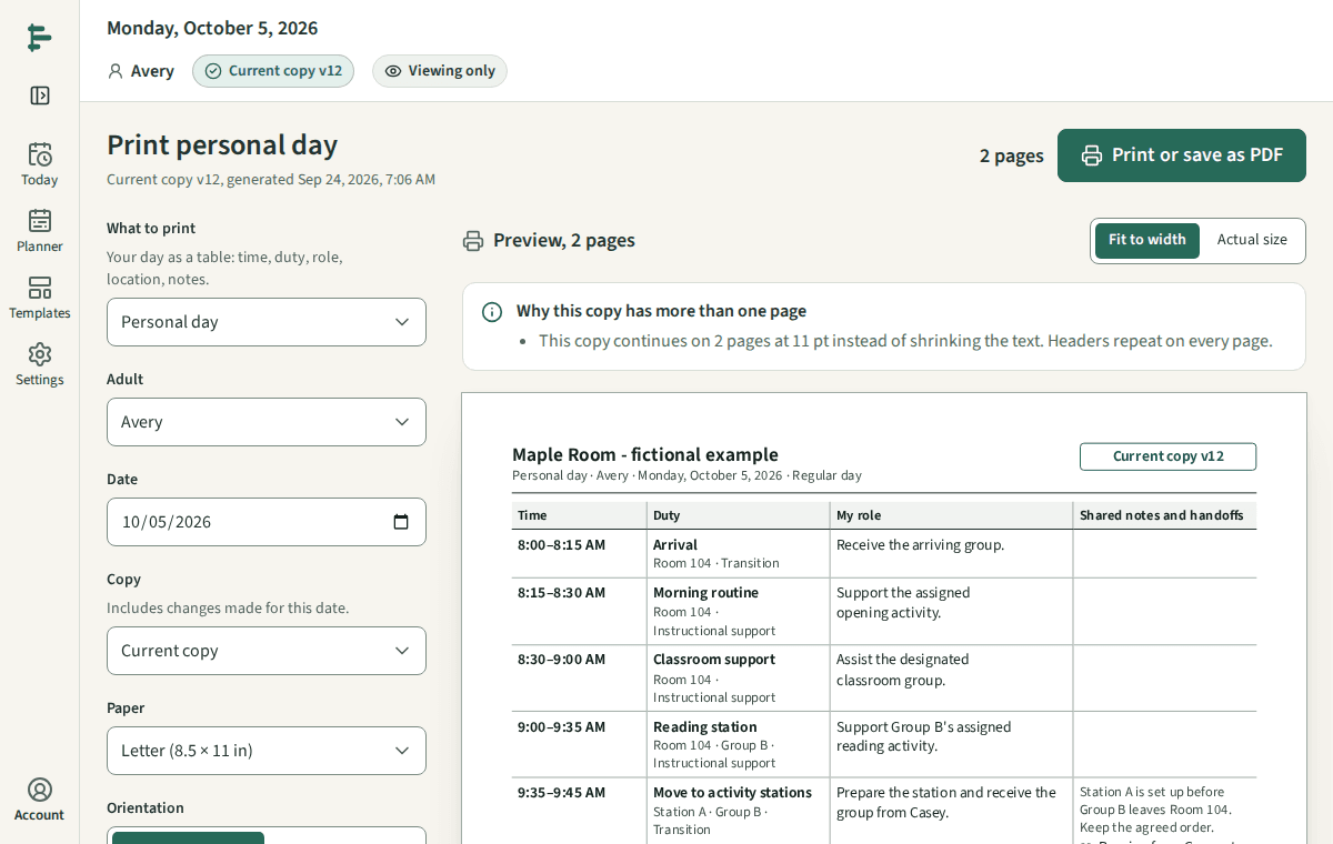 The Print screen with a personal day preview for Monday, October 5.