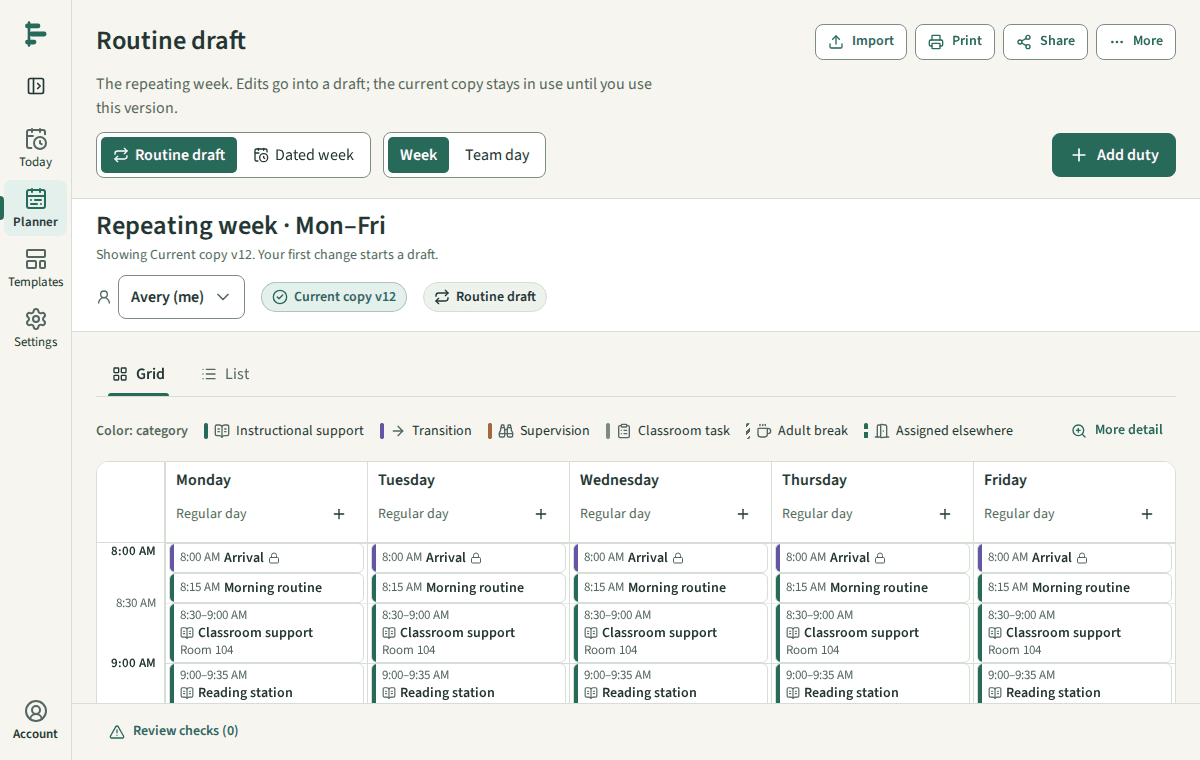 The Planner showing the routine draft week for the fictional Maple Room schedule.