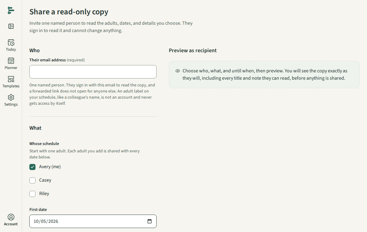 The Share screen with the email, dates, and details to include.