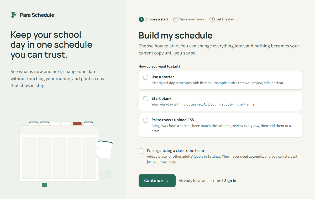 The Build my schedule page with the choices Use a starter, Start blank, and Paste rows / upload CSV.